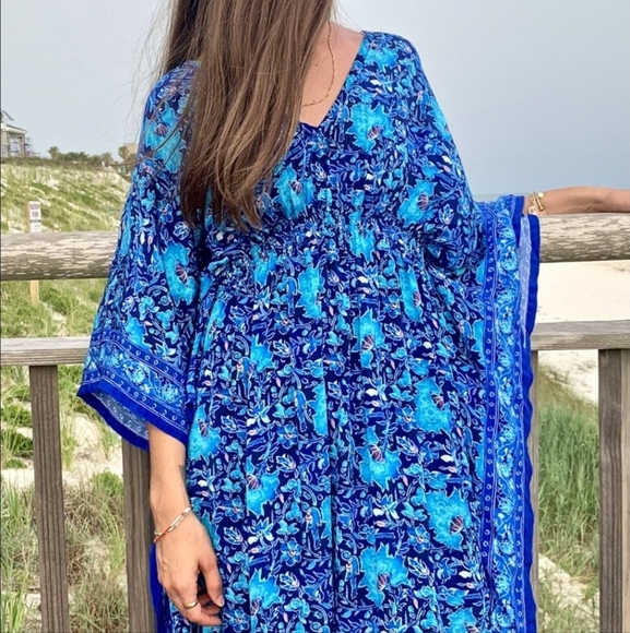 Rujuta Sheth Boho Resort Garden Marie Cinched Kaftan Maxi Dress Blue S/M - Picture 8 of 14